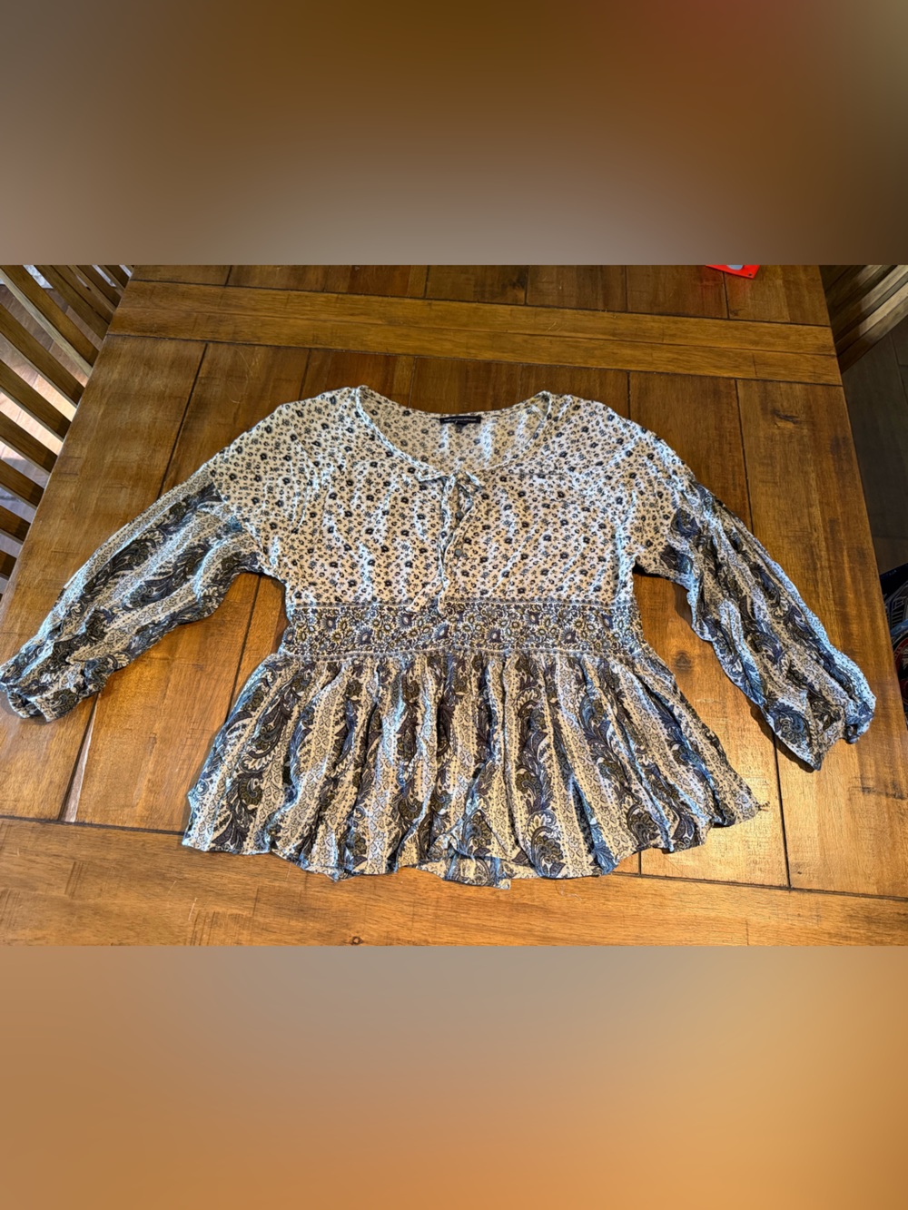 American Eagle Outfitters Blue and White Paisley Peplum Tunic
